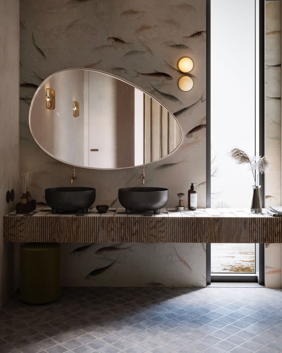 Интерьер ванной комнаты со стеклянной раковиной