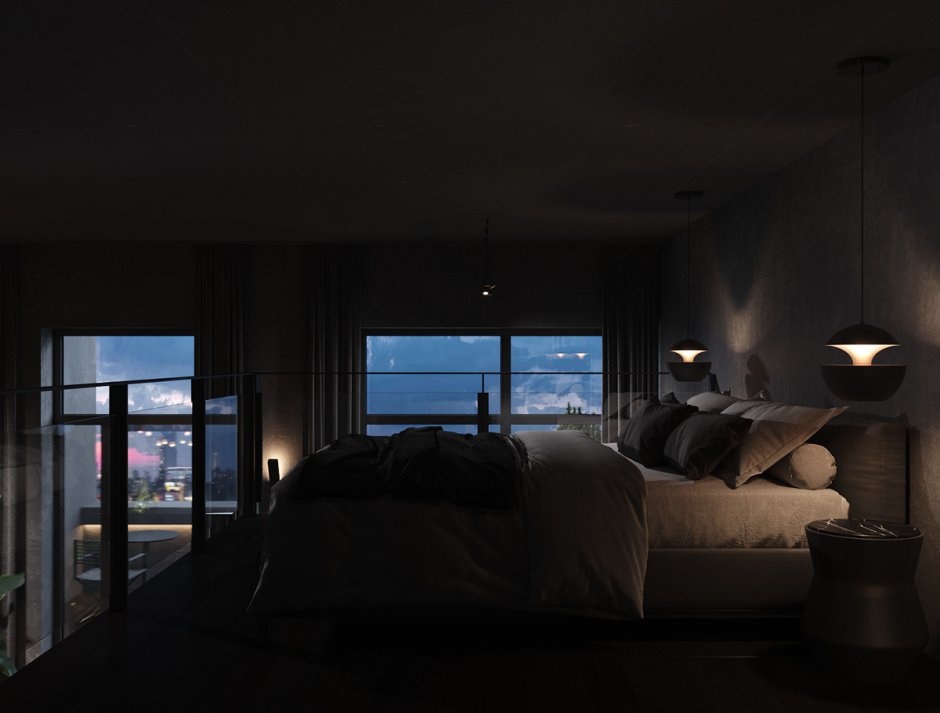 Спальня с панорамными окнами ночь
