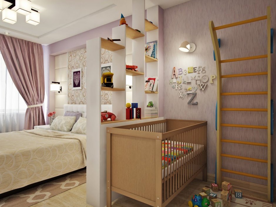Спальня родителей с детской кроваткой