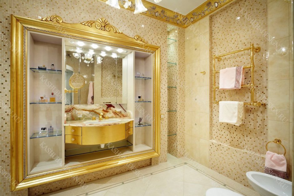 Бело Золотая ванная комната (33 фото)
