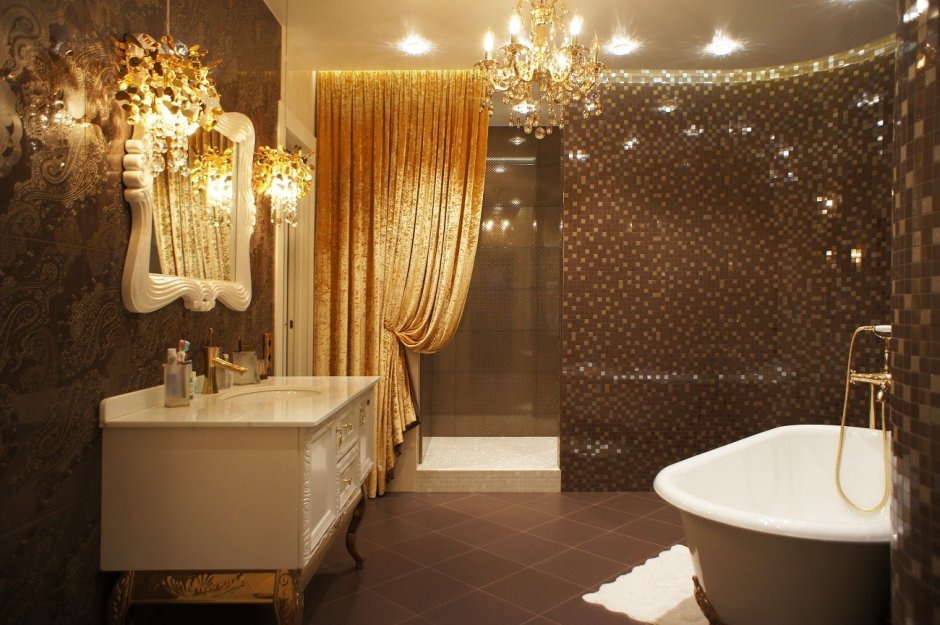 Ванная комната в шоколадно золотых тонах