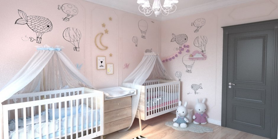 Комната для новорожденных мальчика и девочки