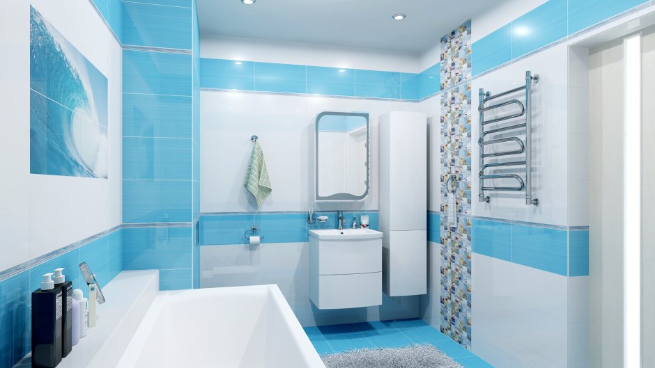 Бело синяя ванная комната (33 фото)