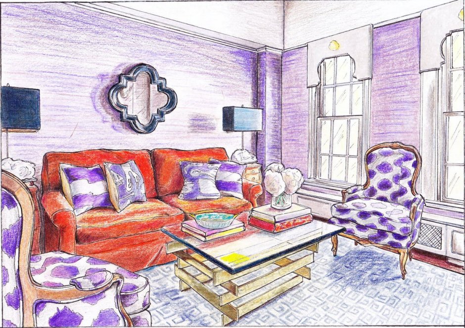 Жилая комната в цветовой гамме нарисованная