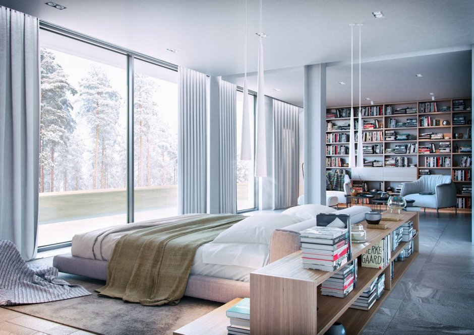 Спальня библиотека в одной комнате