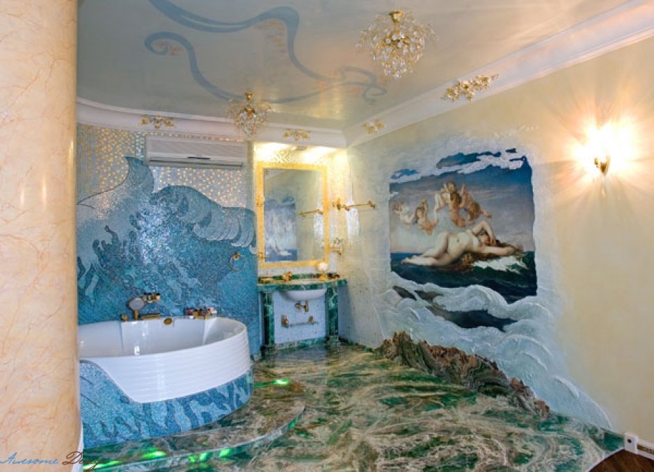 Отделка ванной комнаты штукатуркой на морскую тематику