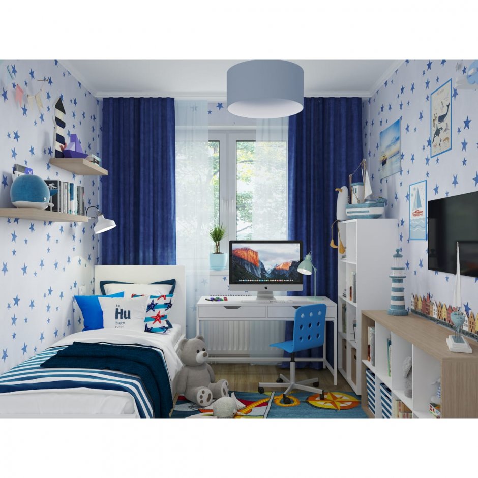 Бело синяя детская комната