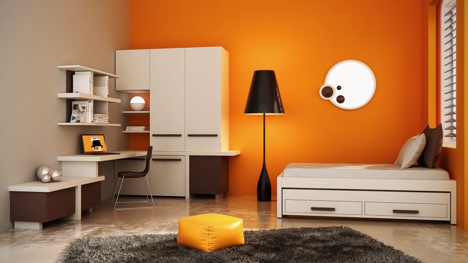Белая мебель в оранжевой комнате