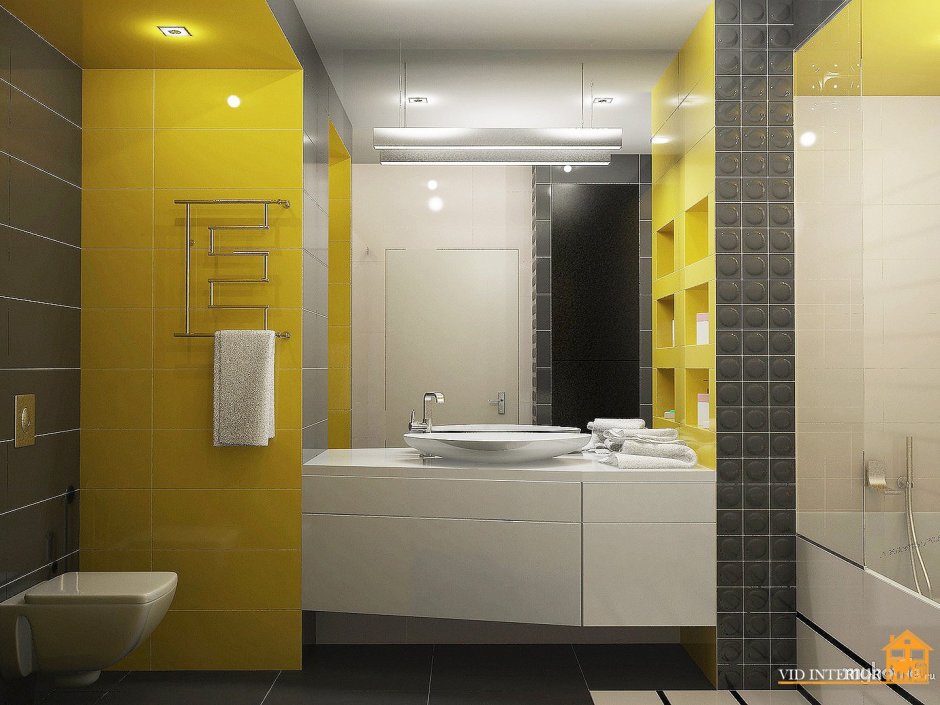 Серо желтая ванная комната
