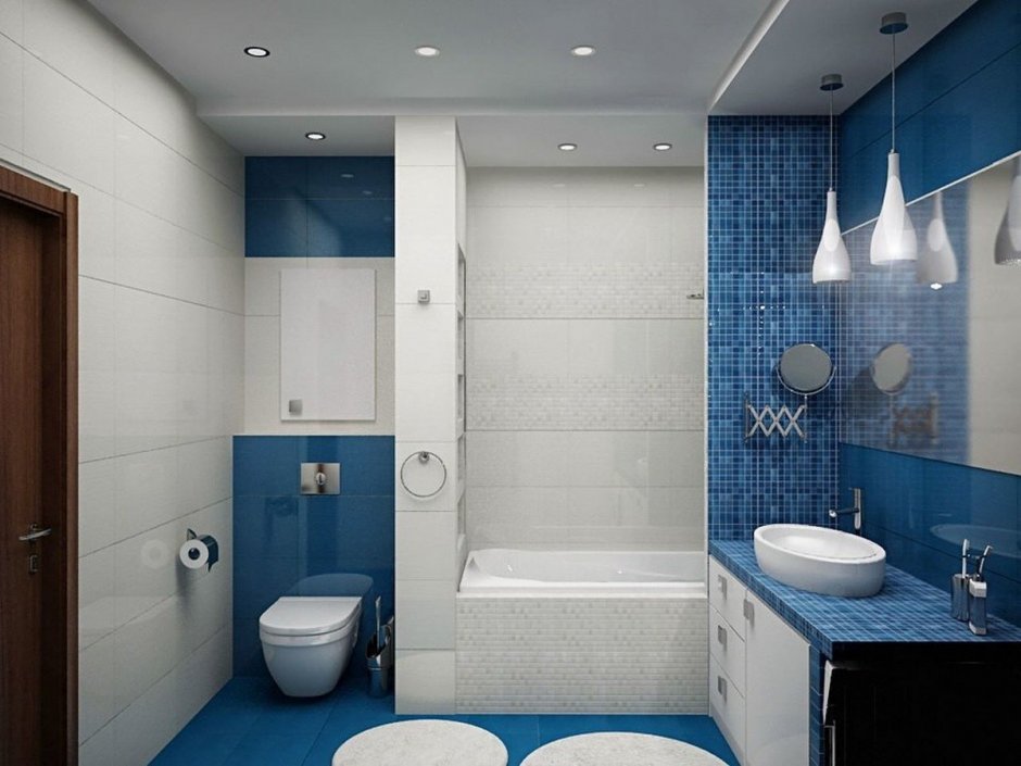 Синяя ванная комната с туалетом