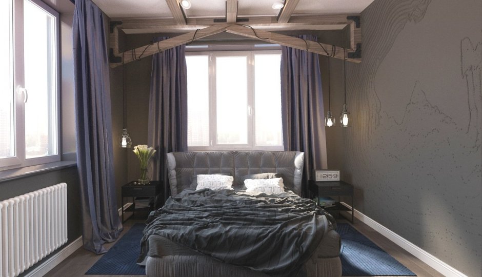 Планировка спальни с двумя окнами