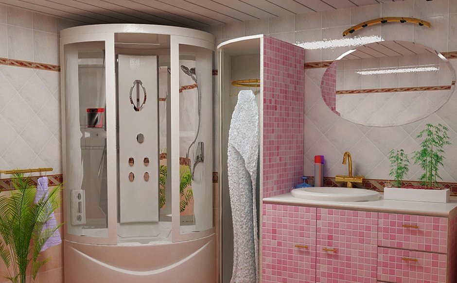 Интерьер ванной комнаты с душевой кабиной эконом класса