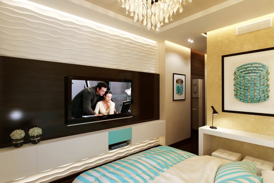 Интерьер спальни с телевизором на стене