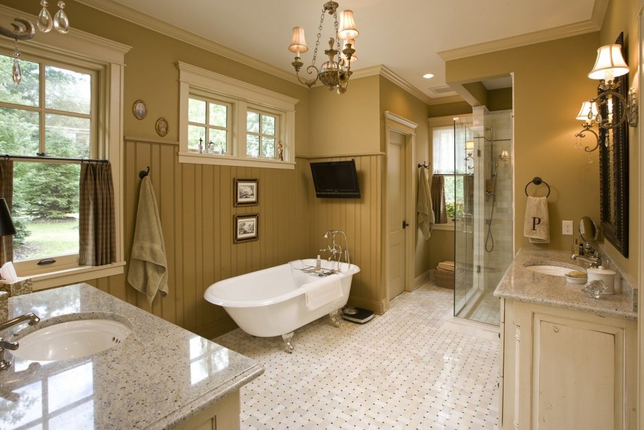 Декор большой ванной комнаты в частном доме