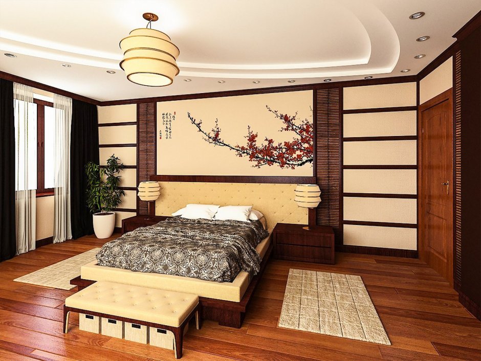 Фотообои в японском стиле в интерьере в спальне