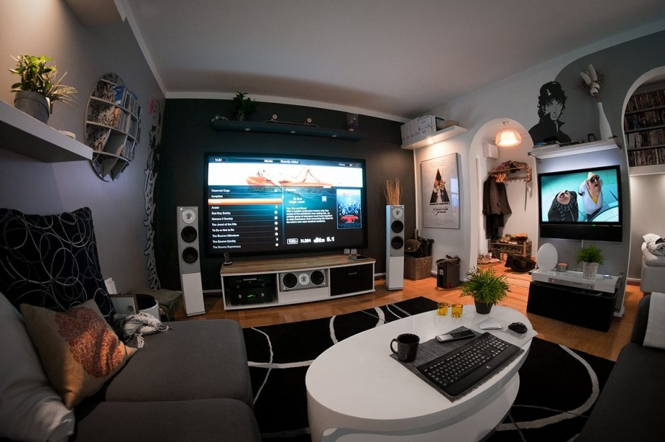 Компьютерная игровая и гостиная в одной комнате