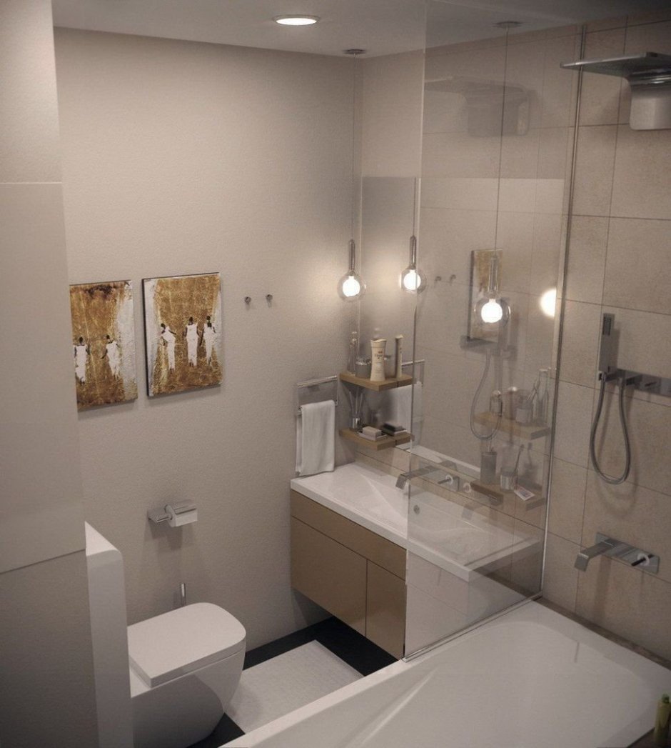 Интерьер маленькой ванной комнаты в однокомнатной квартире