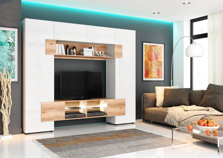 Стенка Ривьера дуб крафт золотой / белый глянец