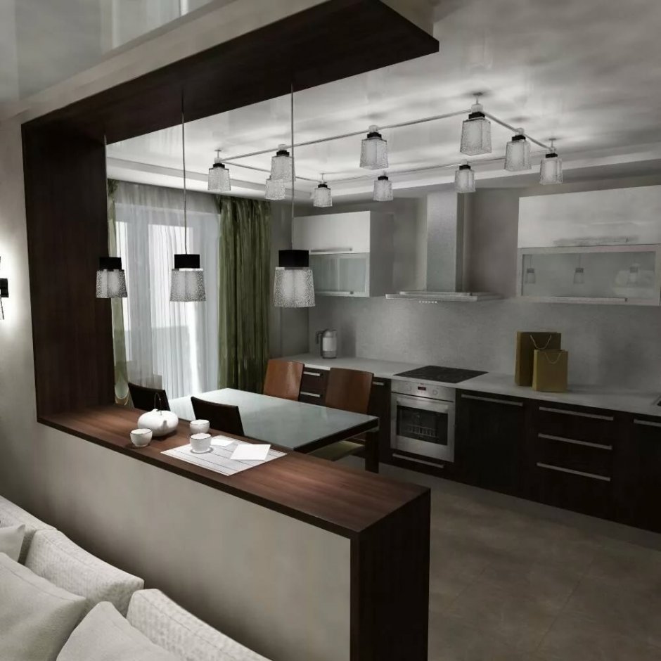 Барная стойка в гостиной в современном стиле за диваном