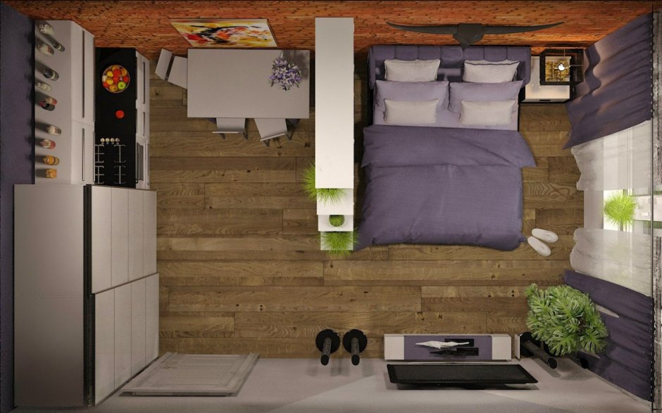 Дизайн комнаты студии с кухней и туалетом