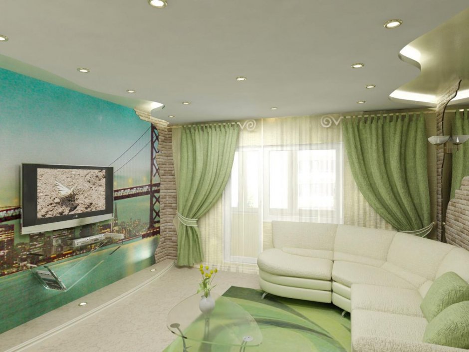 Интерьер зала в частном доме в зеленом цвете