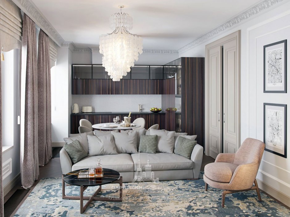 Гостиная в стиле современная классика с угловым диваном