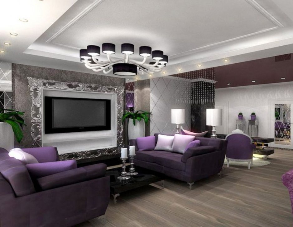 Интерьер с фиолетовым диваном в зале