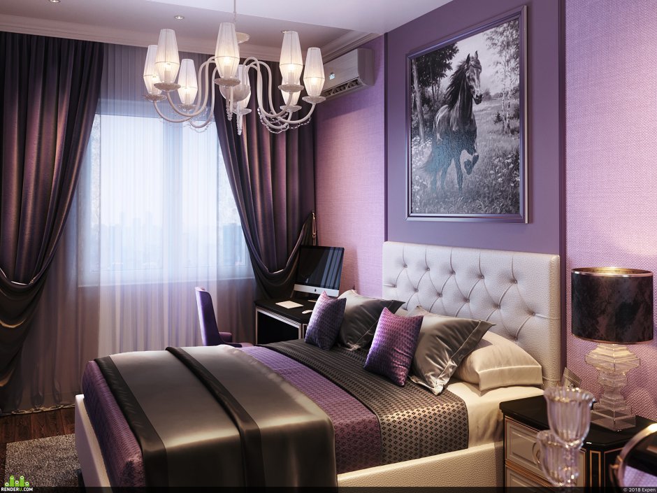 Фиолетово коричневая спальня