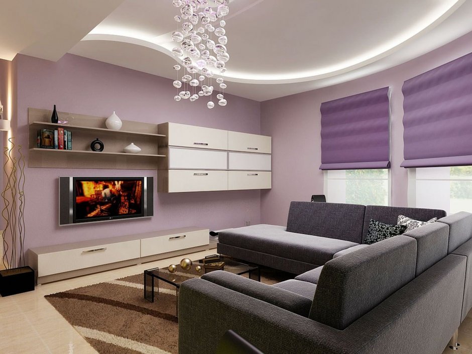Современное оформление ТВ зоны в гостиной в фиолетовом цвете