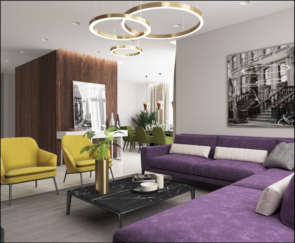Гостиная комната с фиолетовым диваном