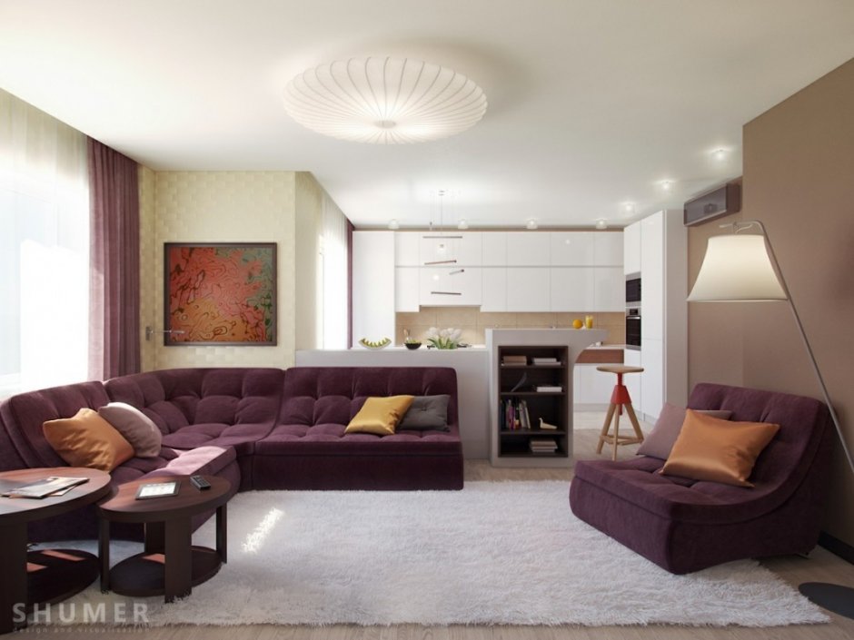Фиолетовый диван в бежевом интерьере