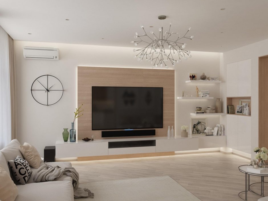 Зона с телевизором в гостиной в современном стиле