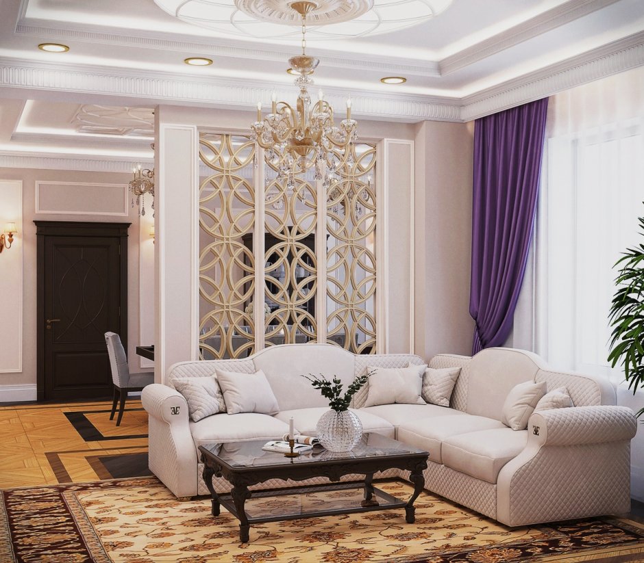 Бежевый интерьер гостиной в классическом стиле