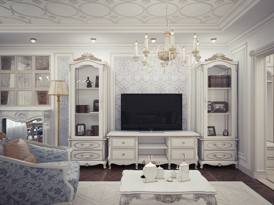 Белая гостиная в классическом стиле