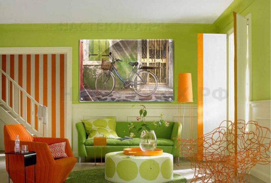 Гостиная в оранжево зеленых тонах