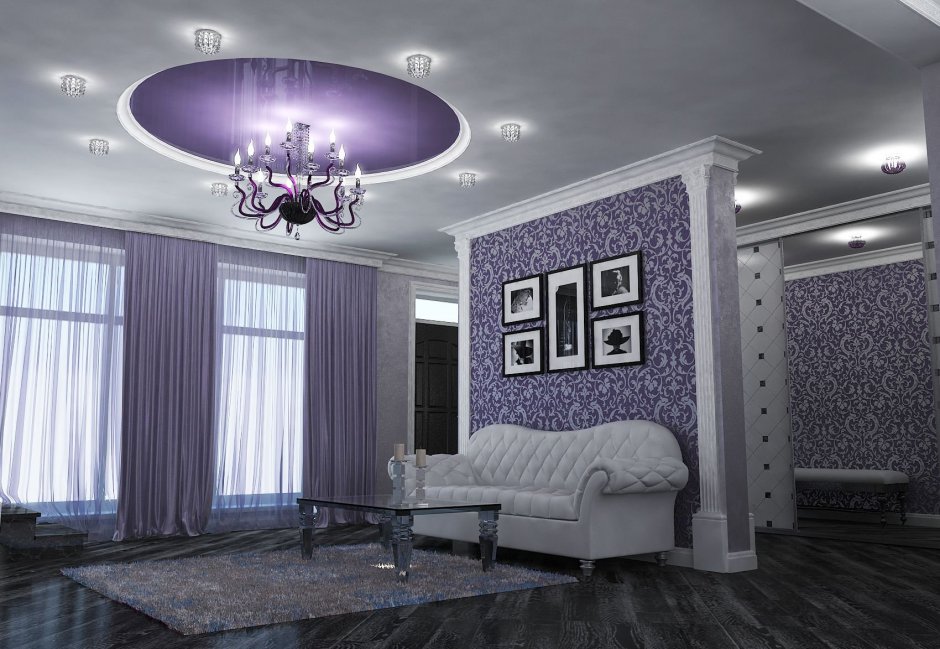 Фиолетовый потолок в гостиной