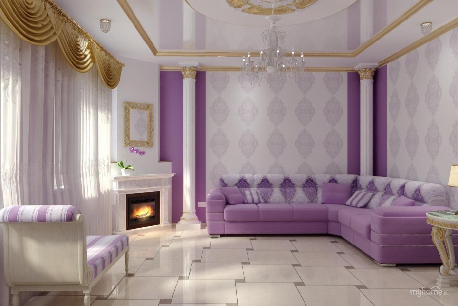 Интерьер гостиной с фиолетовым потолком (34 фото)