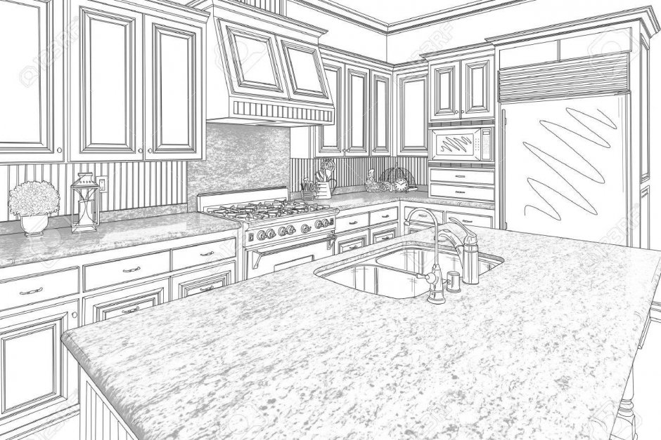 Кухня дизайн черно белая рисунок