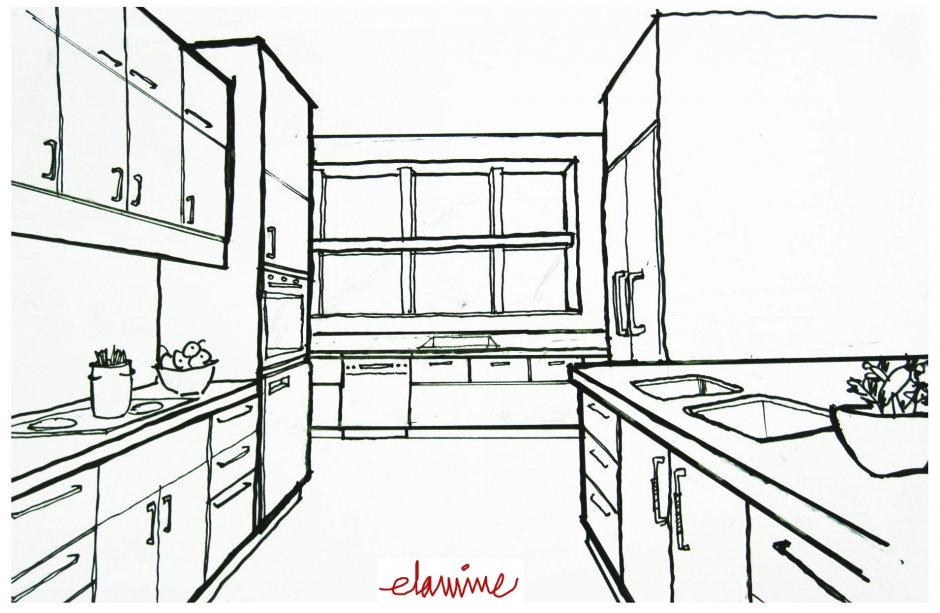 Интерьер кухни для срисовки карандашом