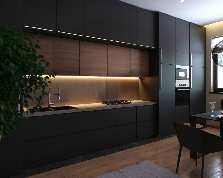 Черная матовая кухня с деревом