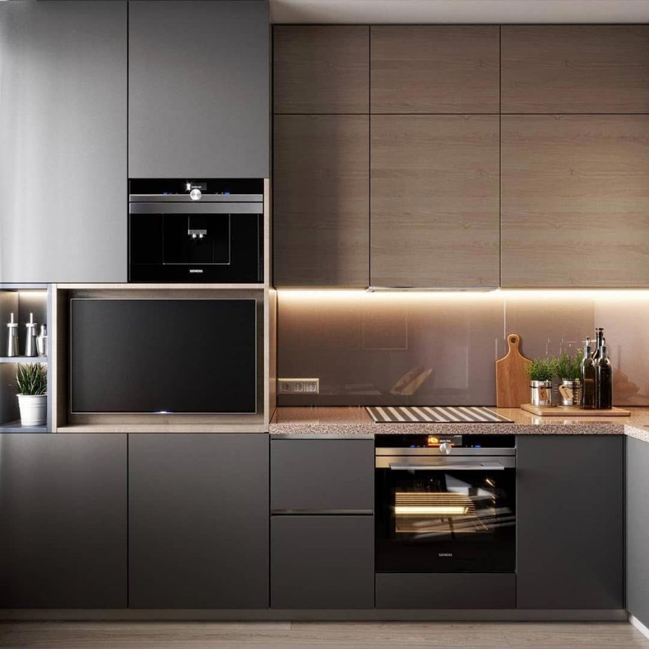Серая кухня с темной столешницей