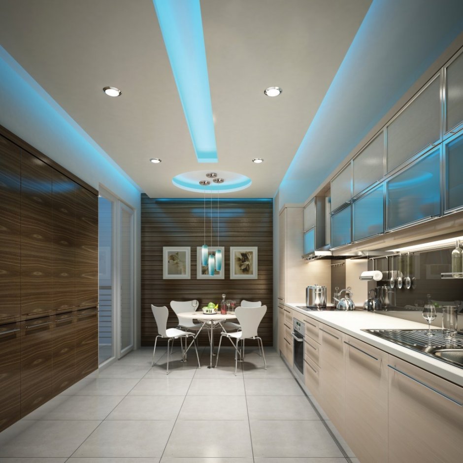 Потолок на кухне дизайн натяжной со световыми линиями
