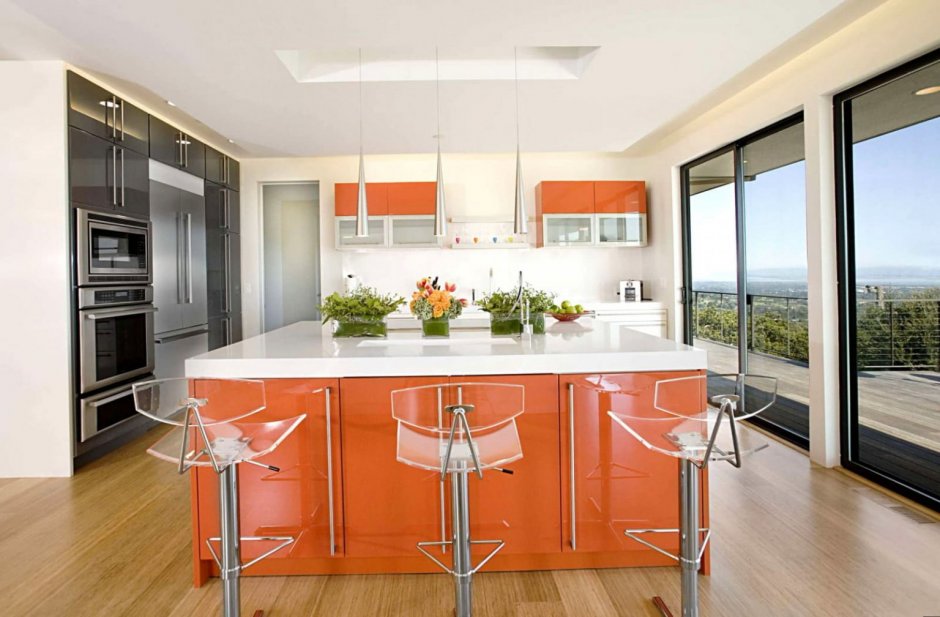 Кухни в стиле Модерн с барной стойкой и панорамными окнами