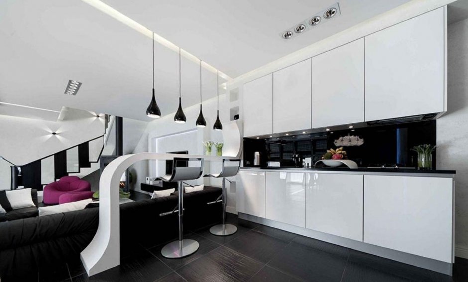 Черно белая кухня гостиная