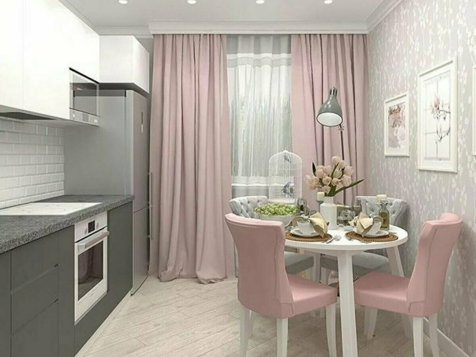 Красивый интерьер кухни гостиной в розово пастельных тонах