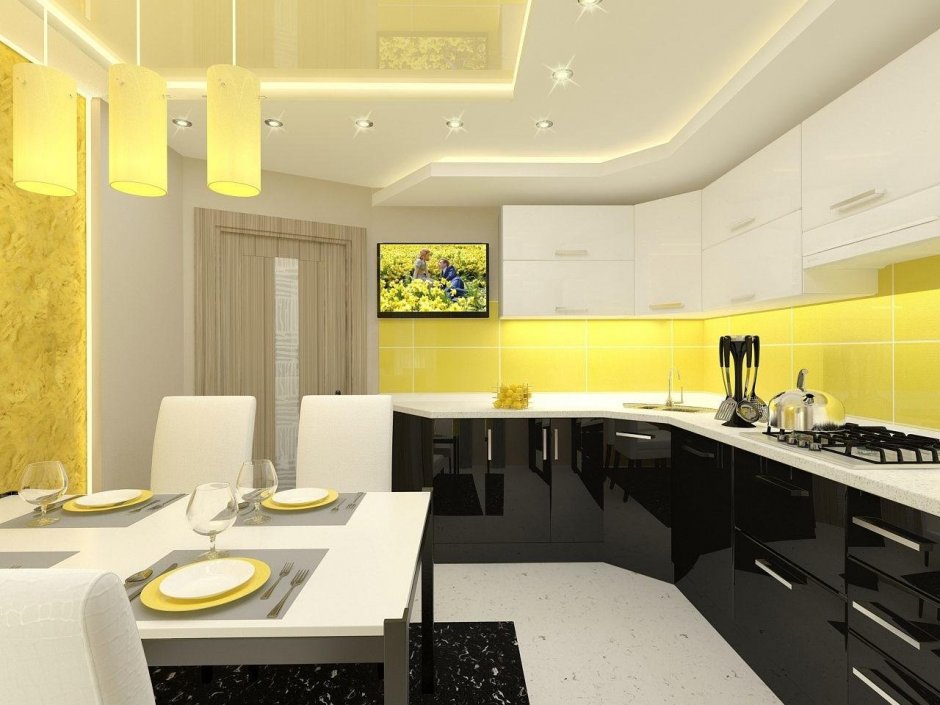 Желто черно белая кухня