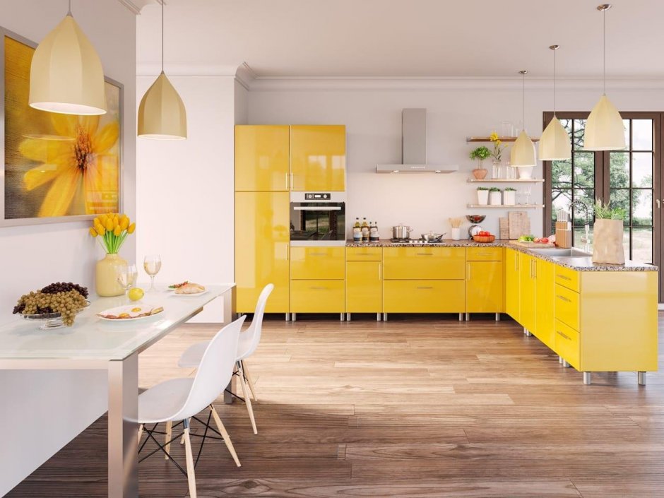 Бледно желтый цвет стен на кухне