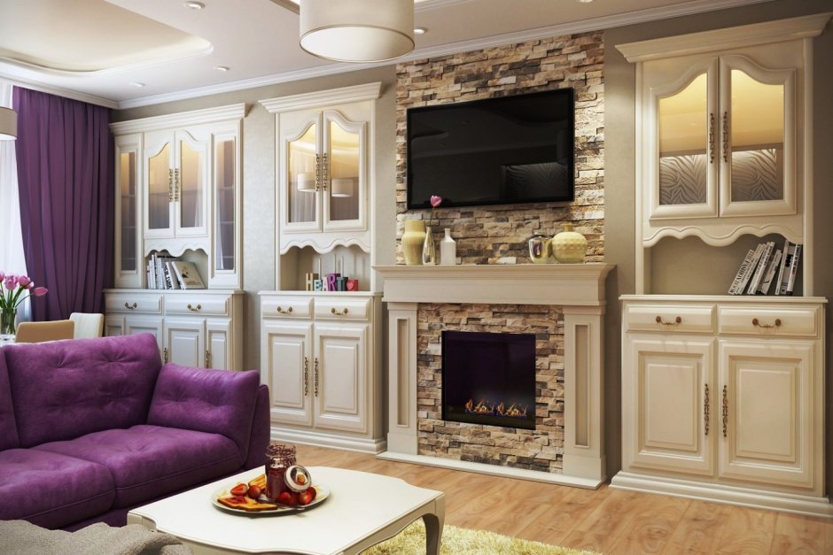 Кухня гостиная с камином