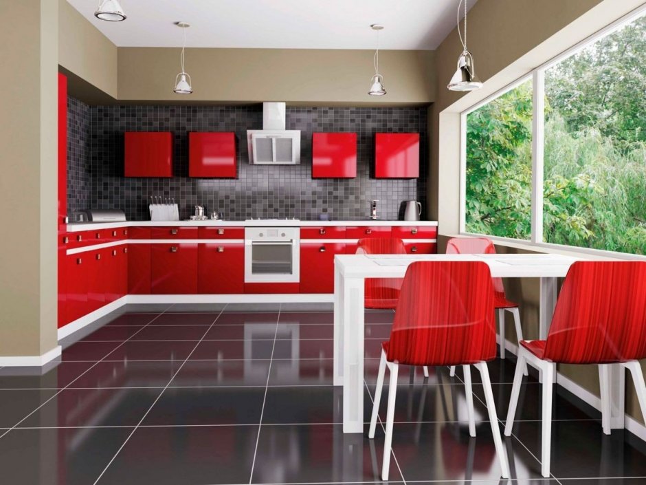 Стены кухни с красным гарнитуром