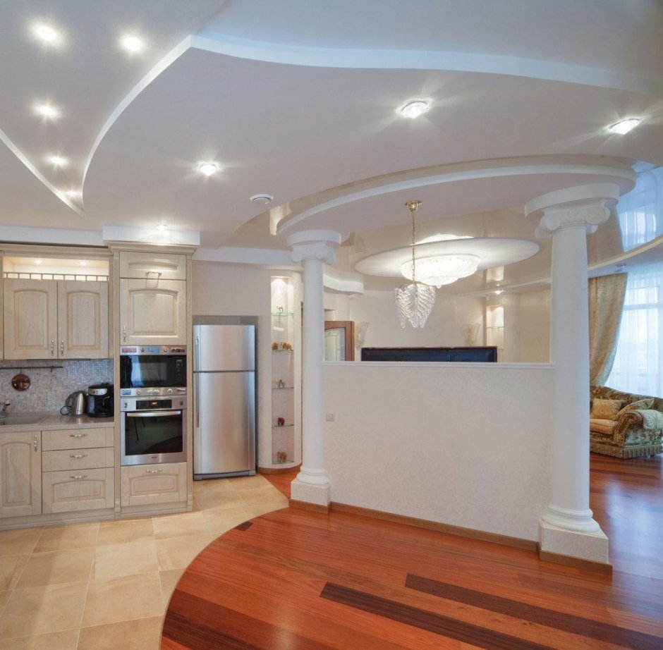 Красивые гипсокартонные потолки кухни
